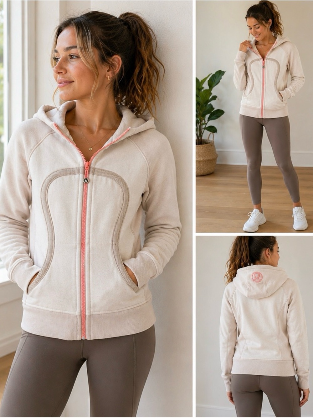 lululemon athletica Cream Hoodie with Pink Zip Accent